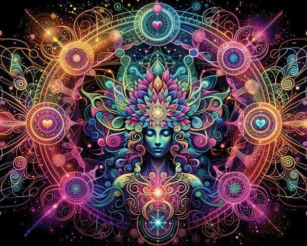 Mystical Figure with Radiant Headdress and Colors