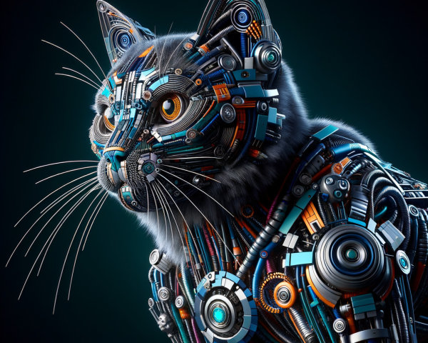 Futuristic robotic cat with metallic and vibrant features