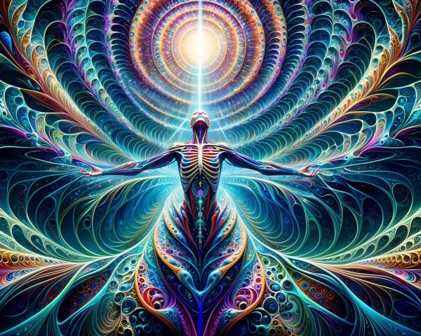Ethereal Figure in Vibrant Cosmic Patterns and Light
