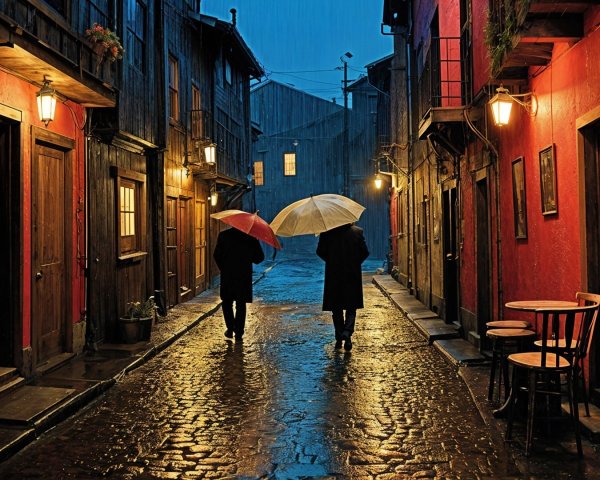 Rainy Alleyway at Dusk with Colorful Umbrellas