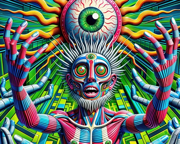 Surreal Figure with Geometric Patterns and Eyes