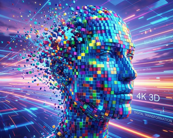 Profile of a cybernetic figure with colorful mosaic face