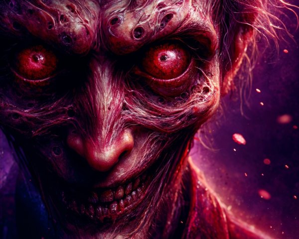 Close-up of a grotesque, decayed monstrous face