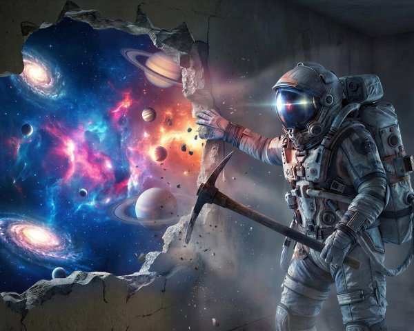 Astronaut Breaks Concrete Wall to Reveal Deep Space Scene