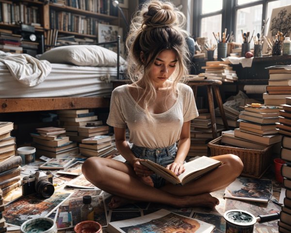 Cozy Room with Young Woman Reading Among Books