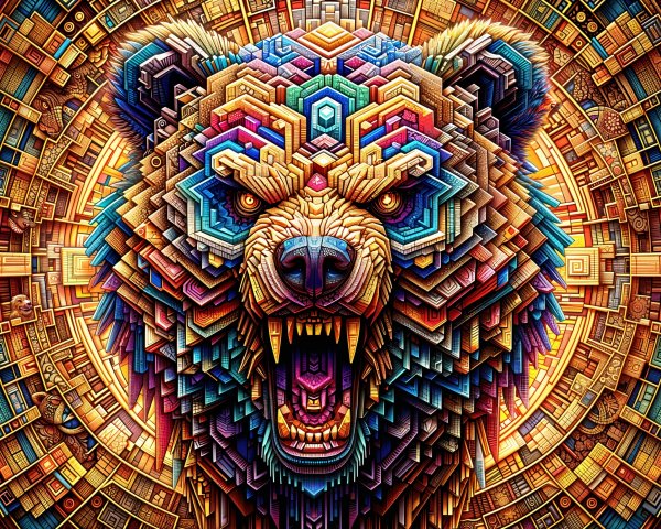 Stylized bear head with geometric patterns and colors
