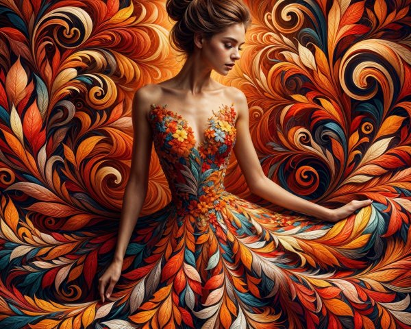 Woman in Autumn Leaf Dress with Nature Backdrop