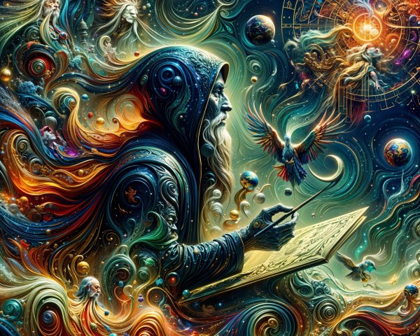 Mystical Figure in Cosmic Setting with Open Book
