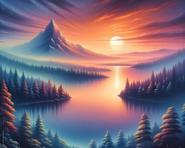 Digital Painting of Mountain Lake Landscape at Sunset