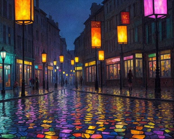 Vibrant Nighttime Rainy Street Scene with Reflections
