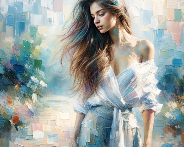 Ethereal portrait of a woman in pastel landscape