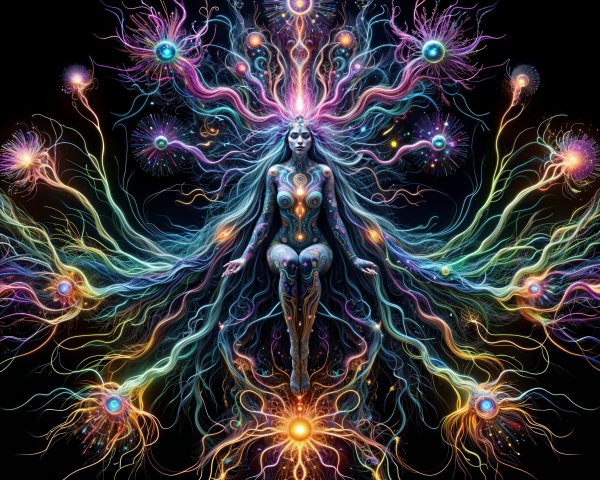 Vibrant Ethereal Figure Surrounded by Colorful Tendrils