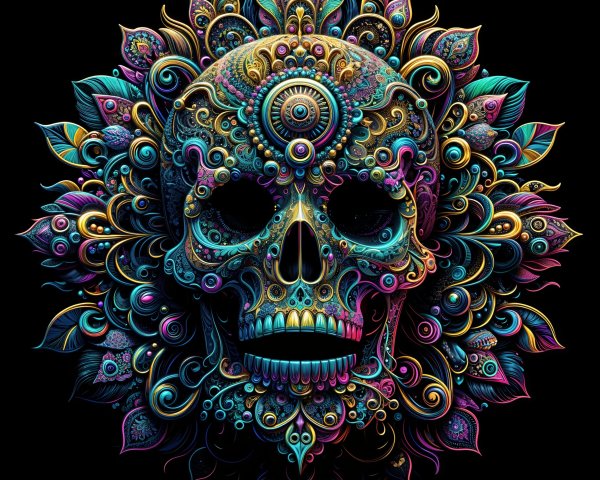 Vibrant Skull Design with Floral and Geometric Patterns