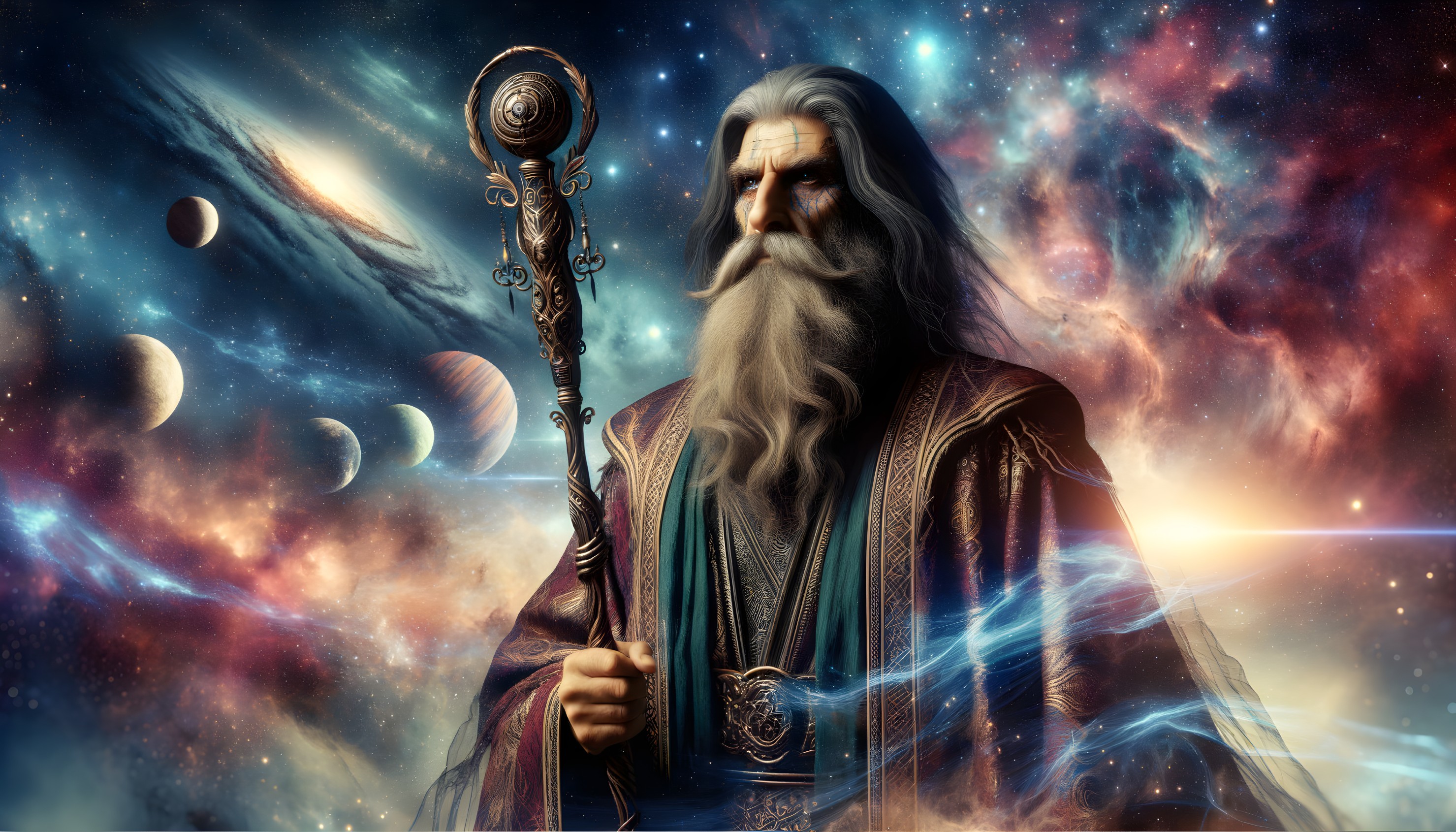 Bearded wizard with staff in cosmic setting