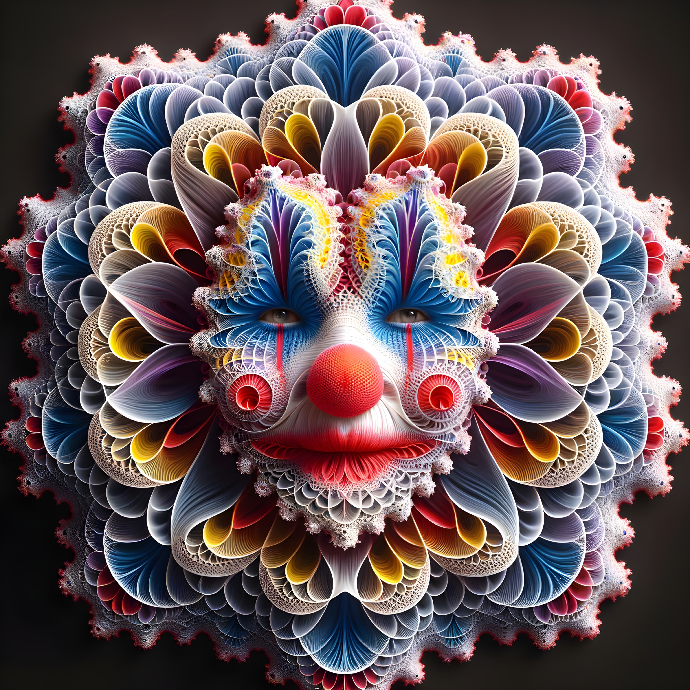 Symmetrical fractal clown face with lace patterns and colorful petals