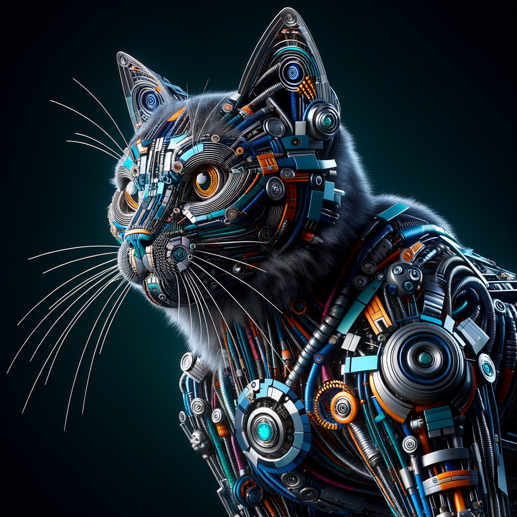 Futuristic robotic cat with metallic and vibrant features