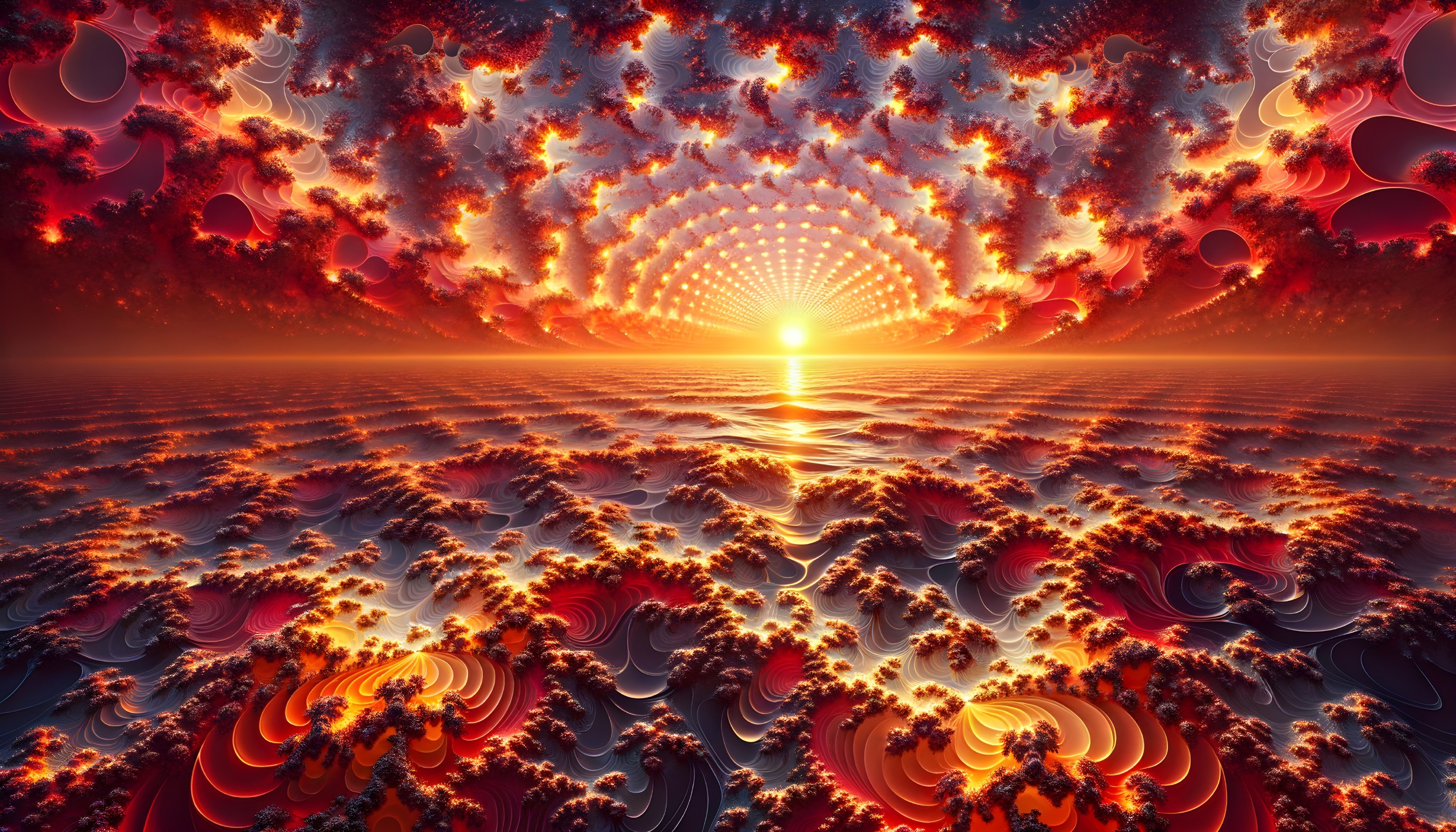 Colorful fractal landscape with fiery hues on blue backdrop