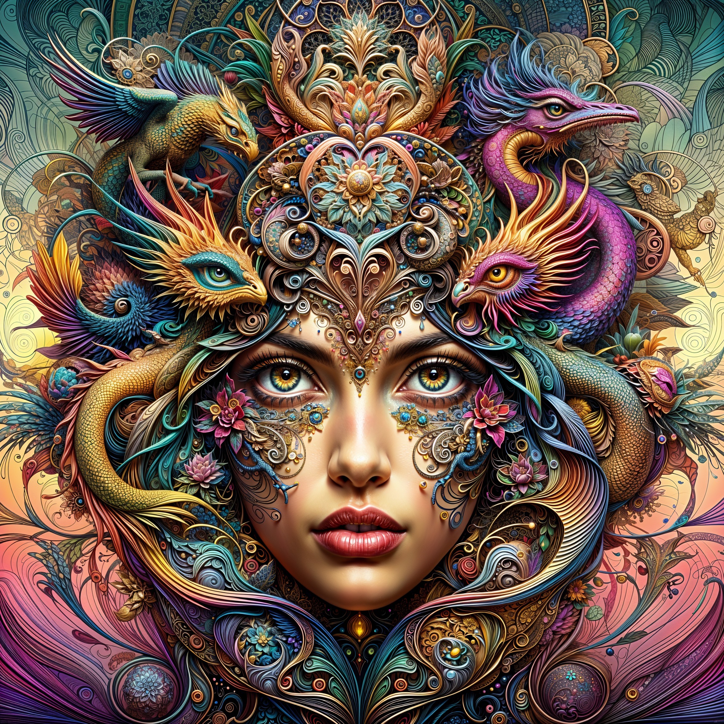 Detailed Portrait of Woman with Floral Patterns