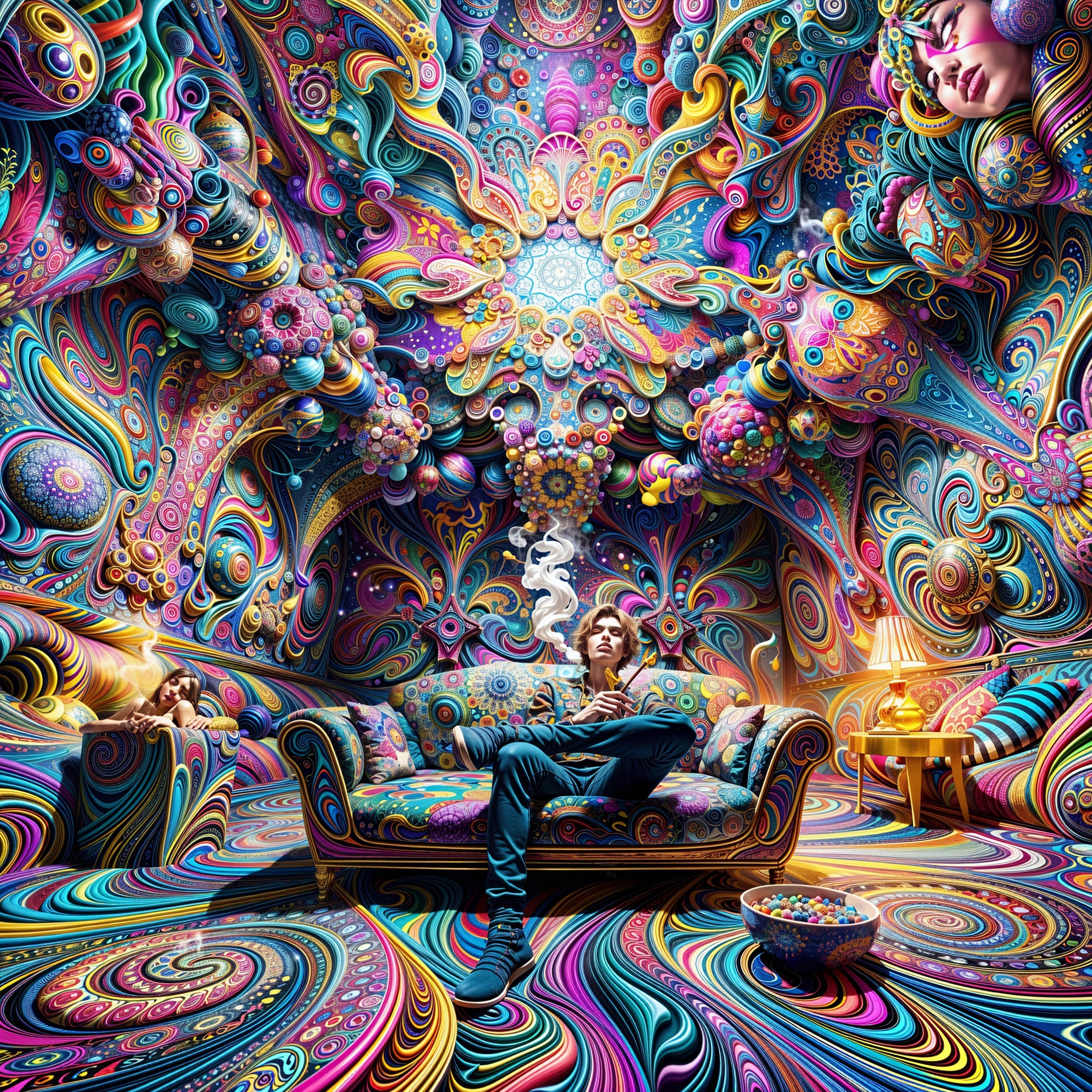 Psychedelic Room with Vibrant Colors and Patterns