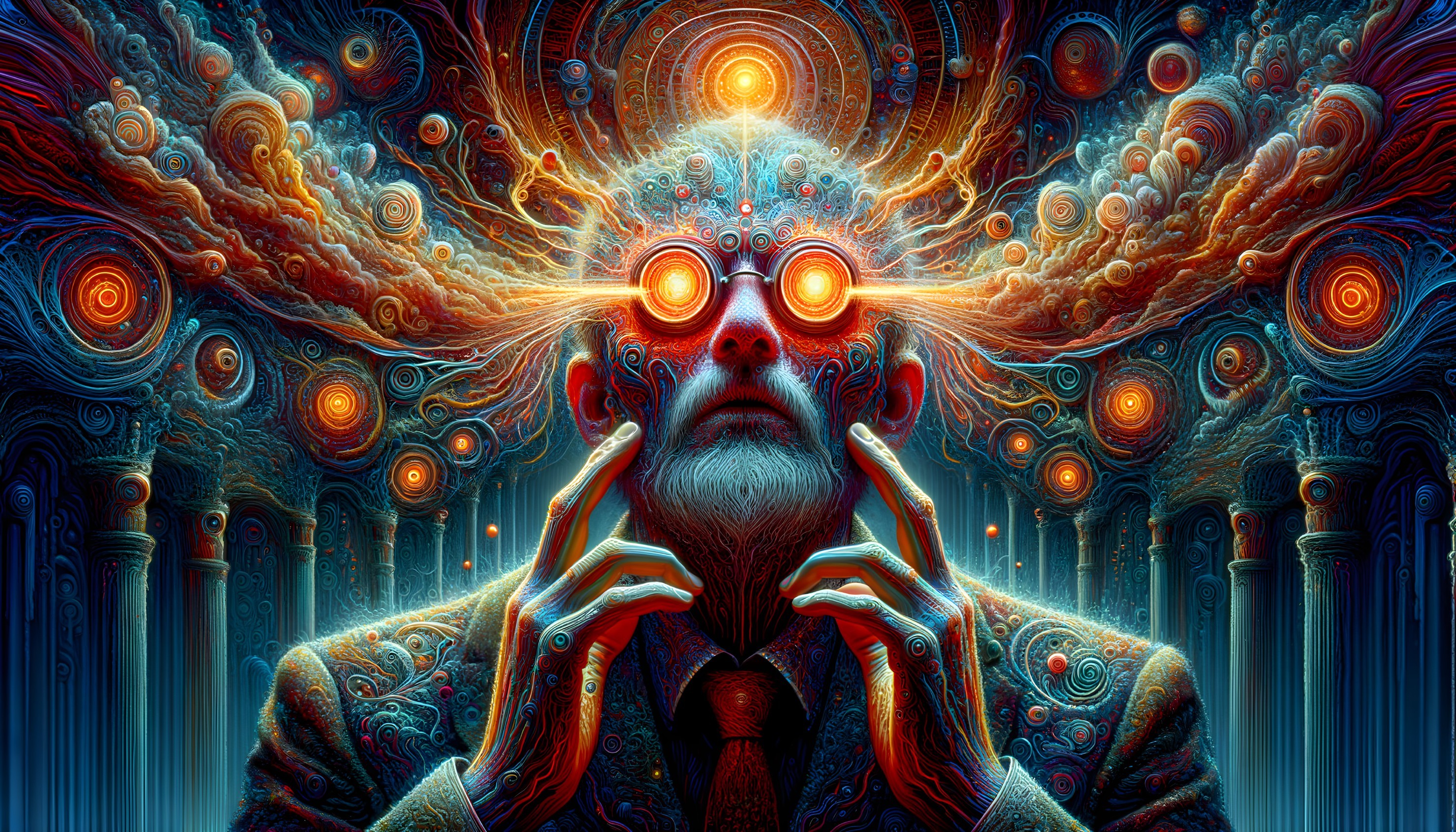Colorful Psychedelic Art: Elderly Man with Beard and Multi-Lens Glasses in Intricate