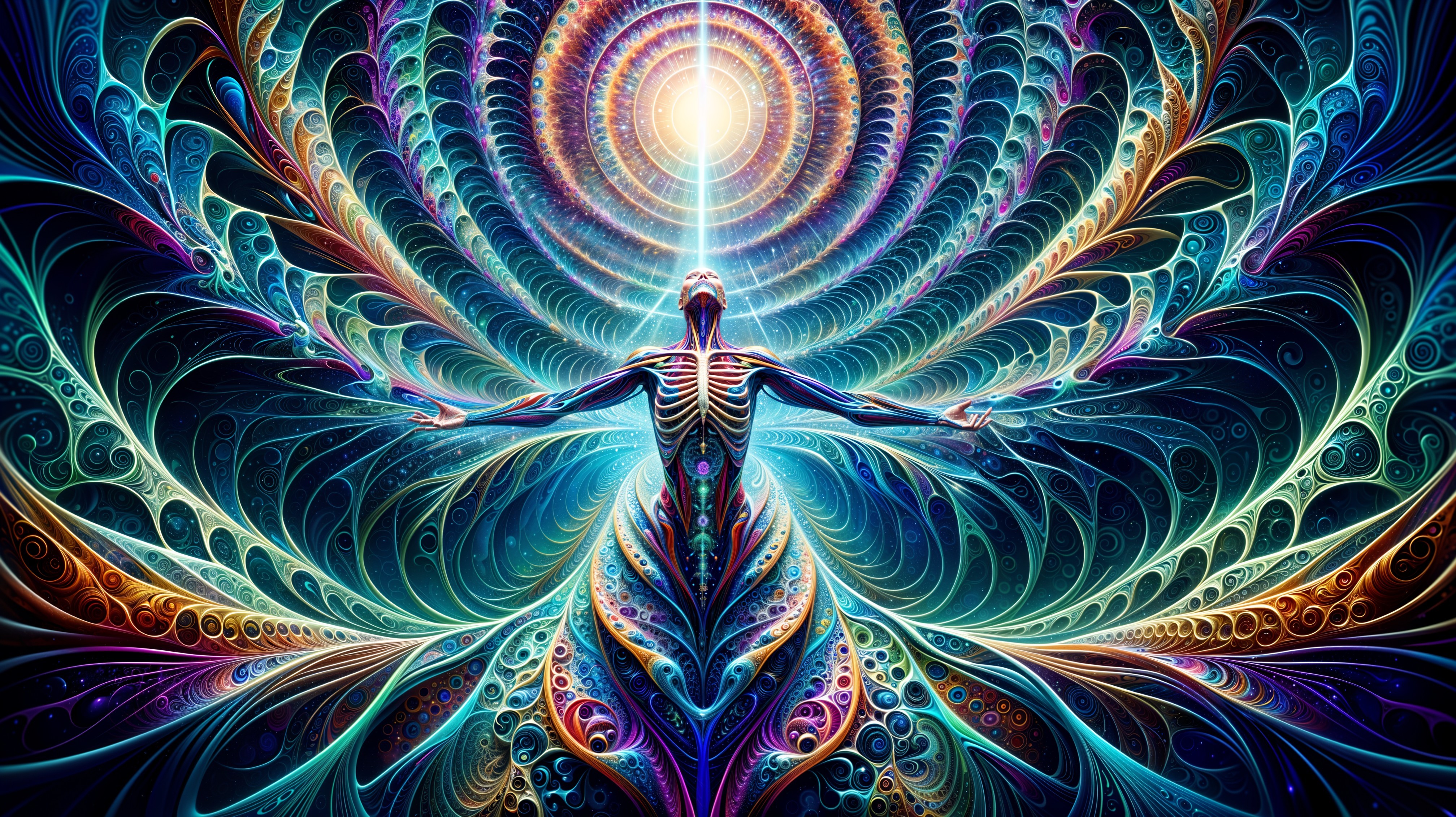 Ethereal Figure in Vibrant Cosmic Patterns and Light