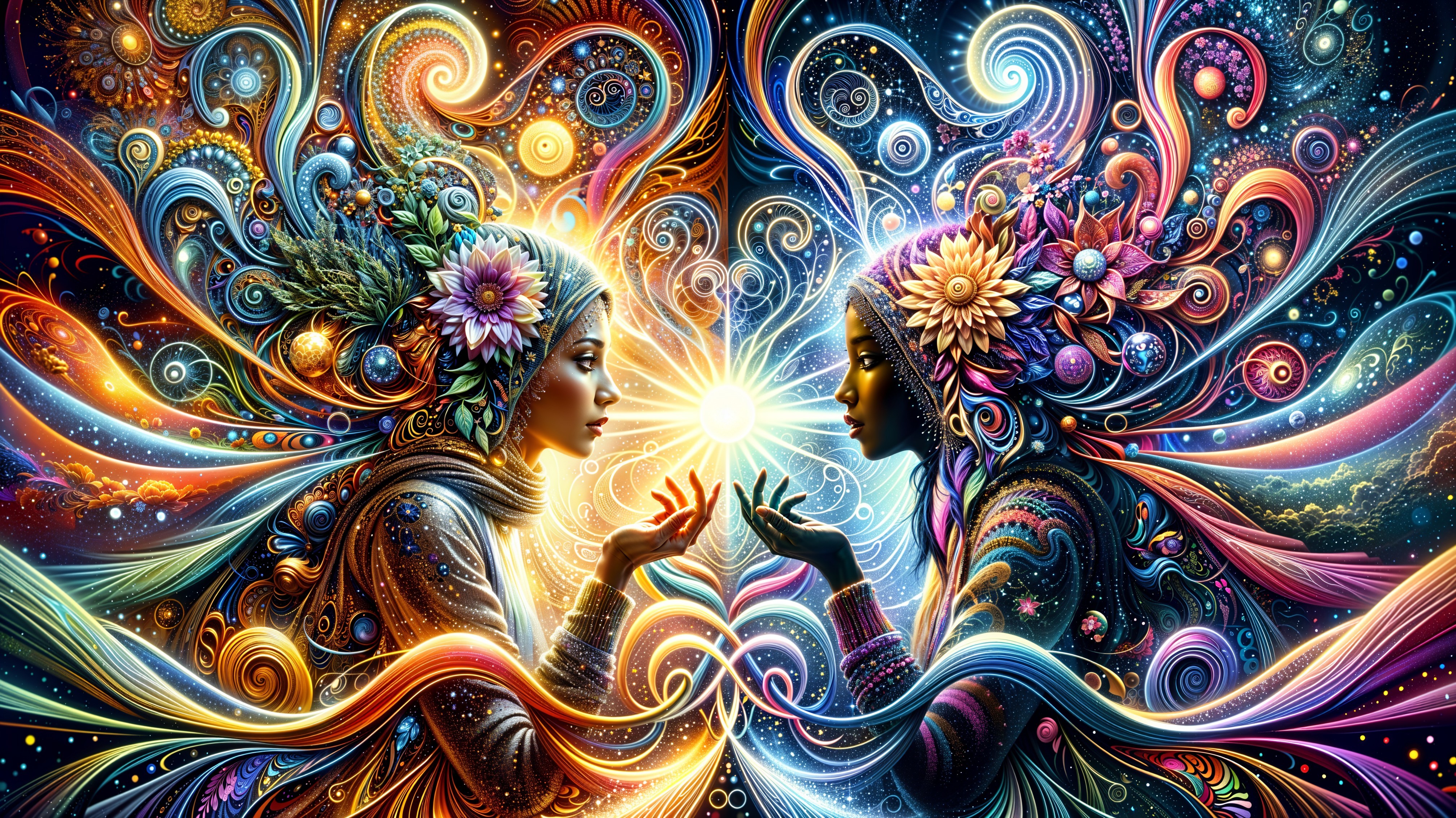 Psychedelic Art of Two Stylized Women Facing Each Other