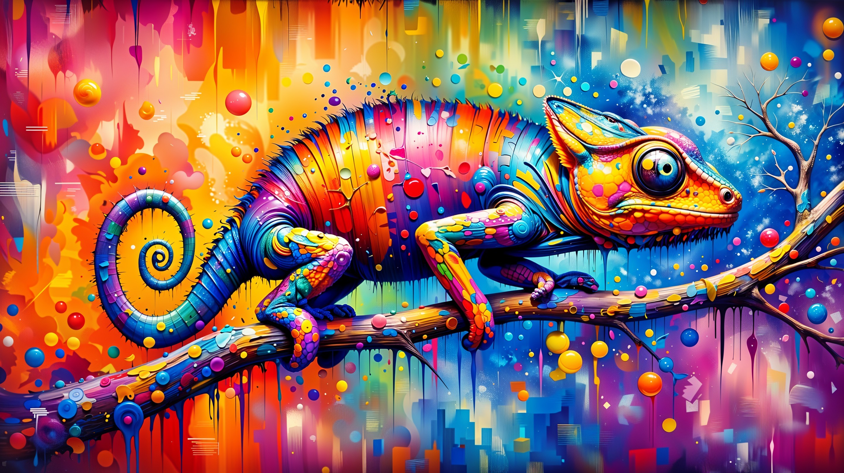 Vibrant Chameleon on a Colorful Branch Background