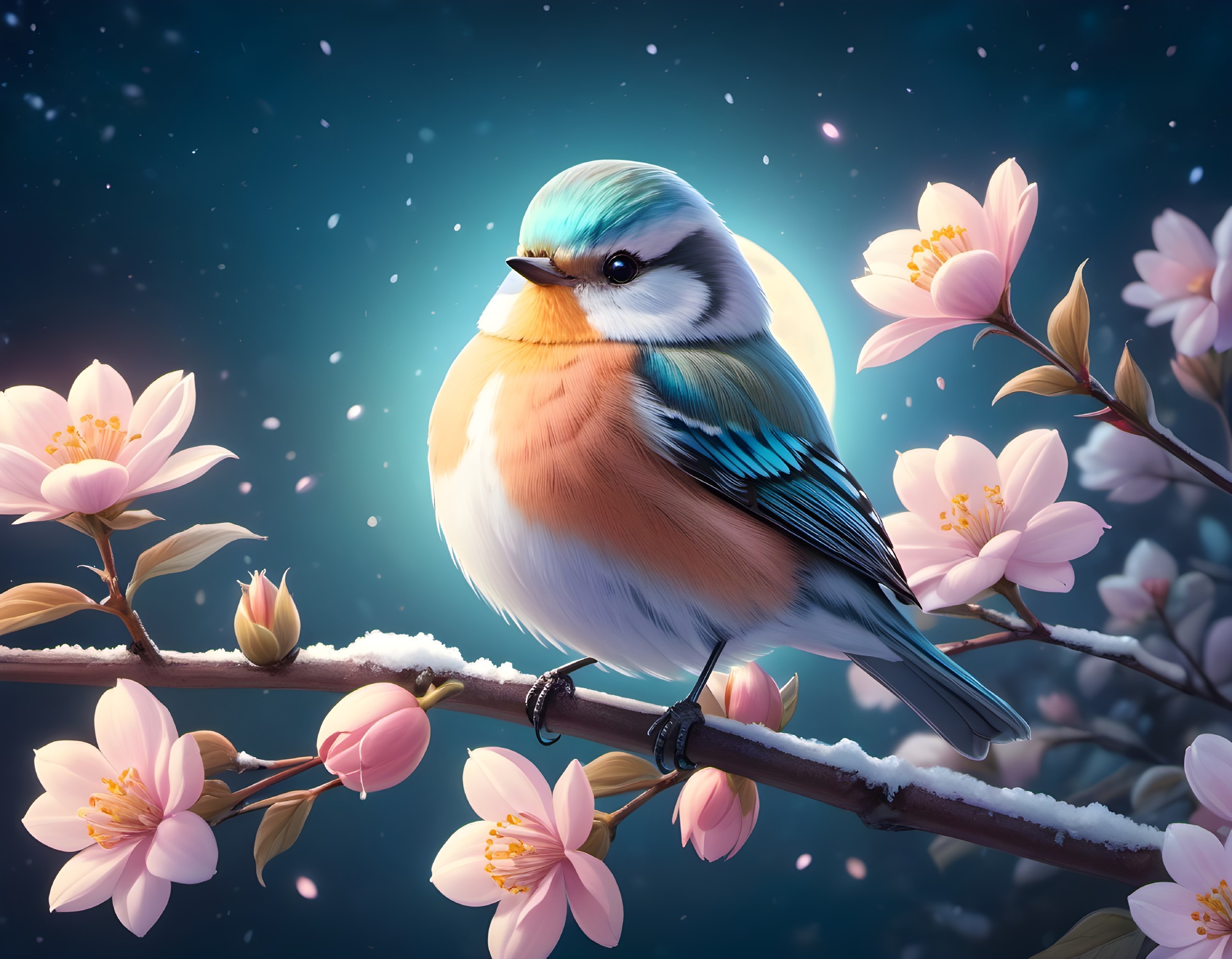 Colorful Bird on Snowy Branch with Blossoms and Stars