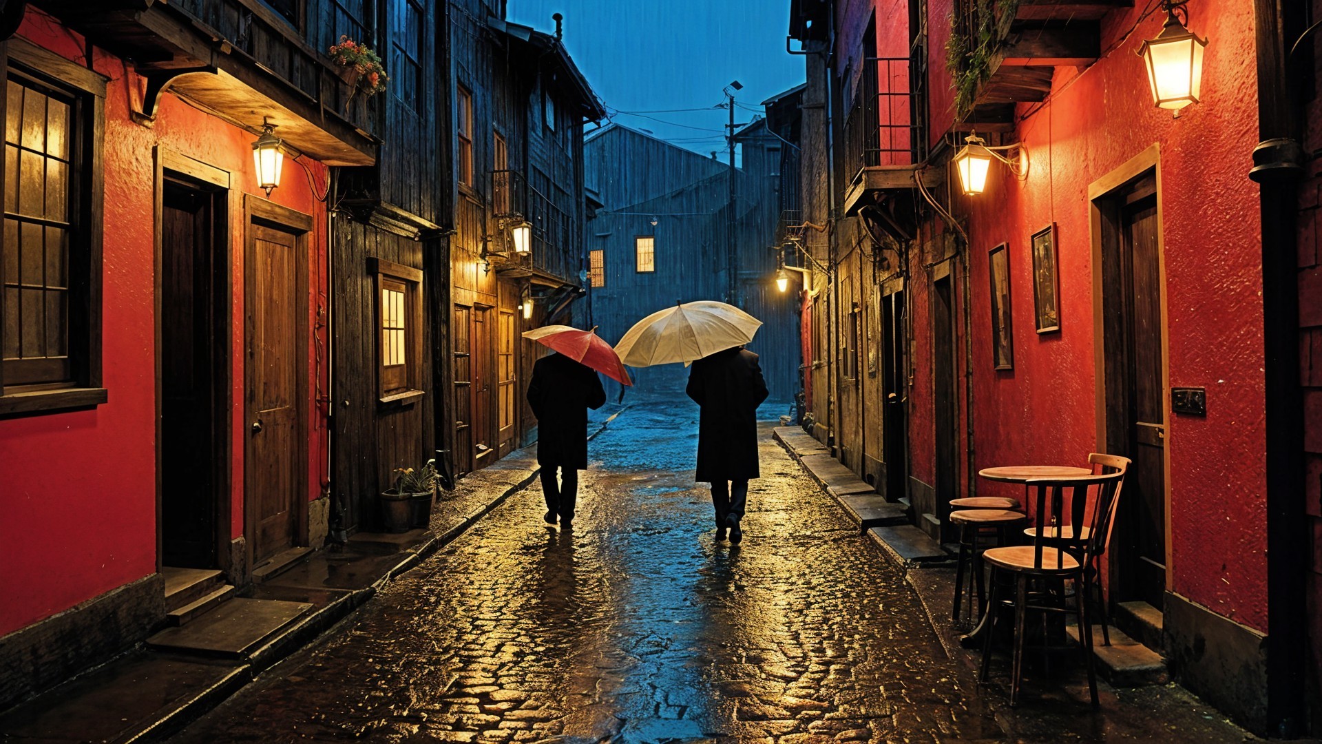 Rainy Alleyway at Dusk with Colorful Umbrellas
