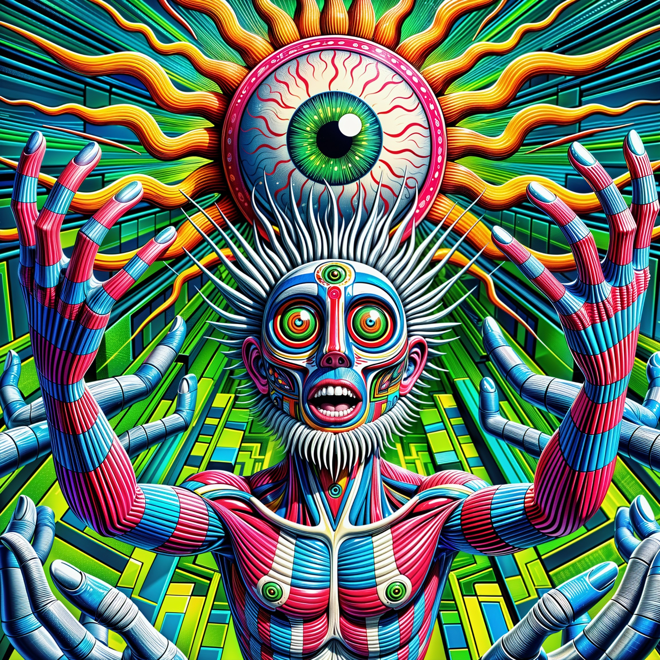 Surreal Figure with Geometric Patterns and Eyes