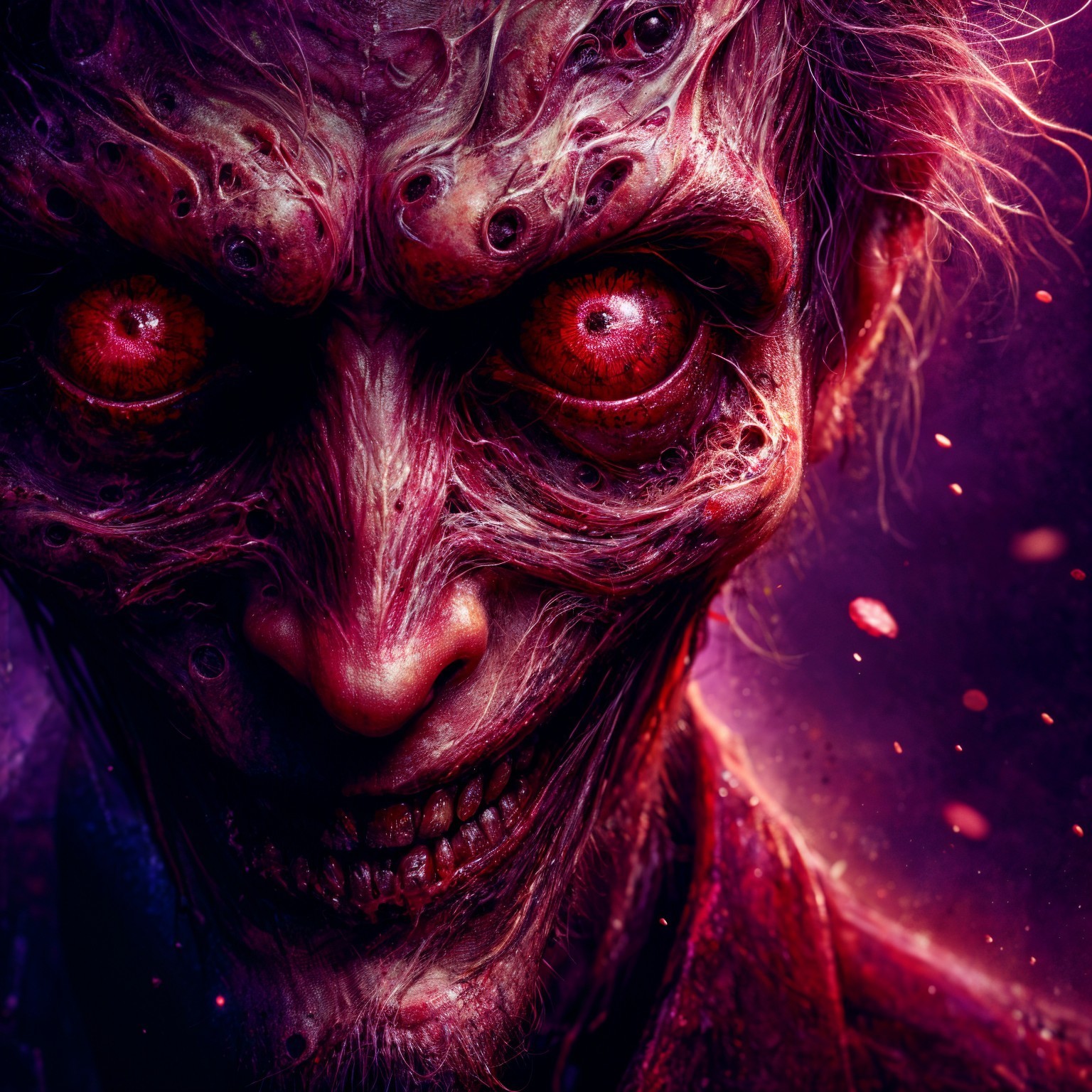 Close-up of a grotesque, decayed monstrous face