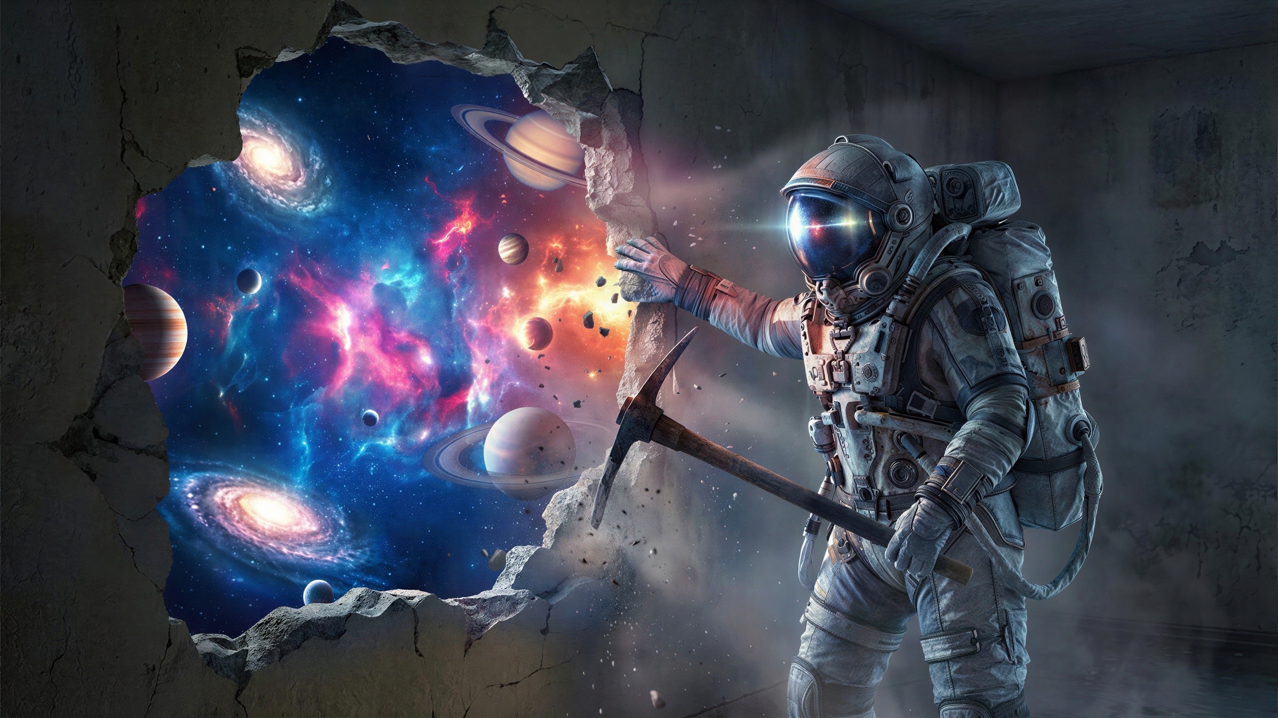 Astronaut Breaks Concrete Wall to Reveal Deep Space Scene