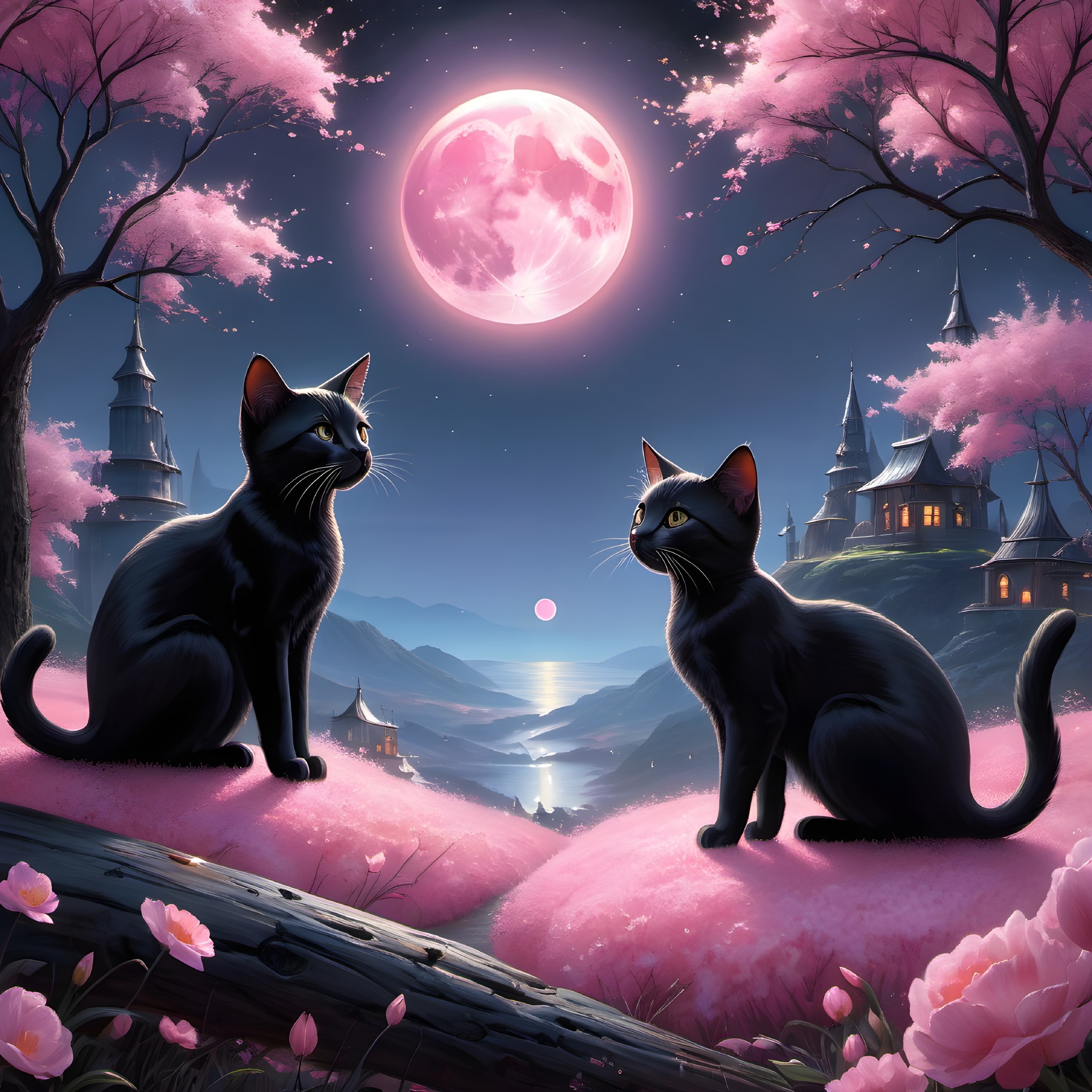 Black Cats on Cherry Blossoms Under Full Moon
