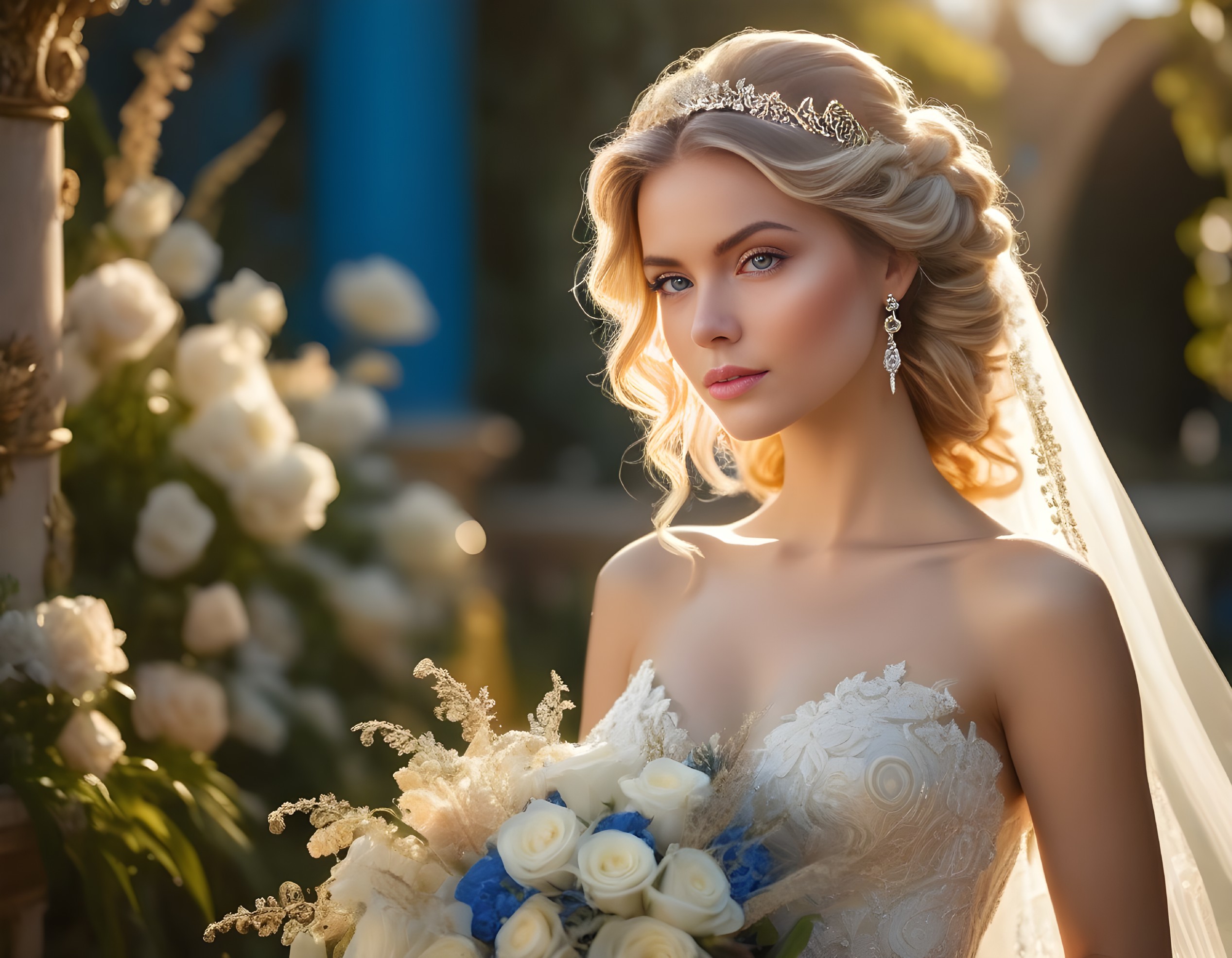 Elegant Bride in Lace Gown with Floral Bouquet