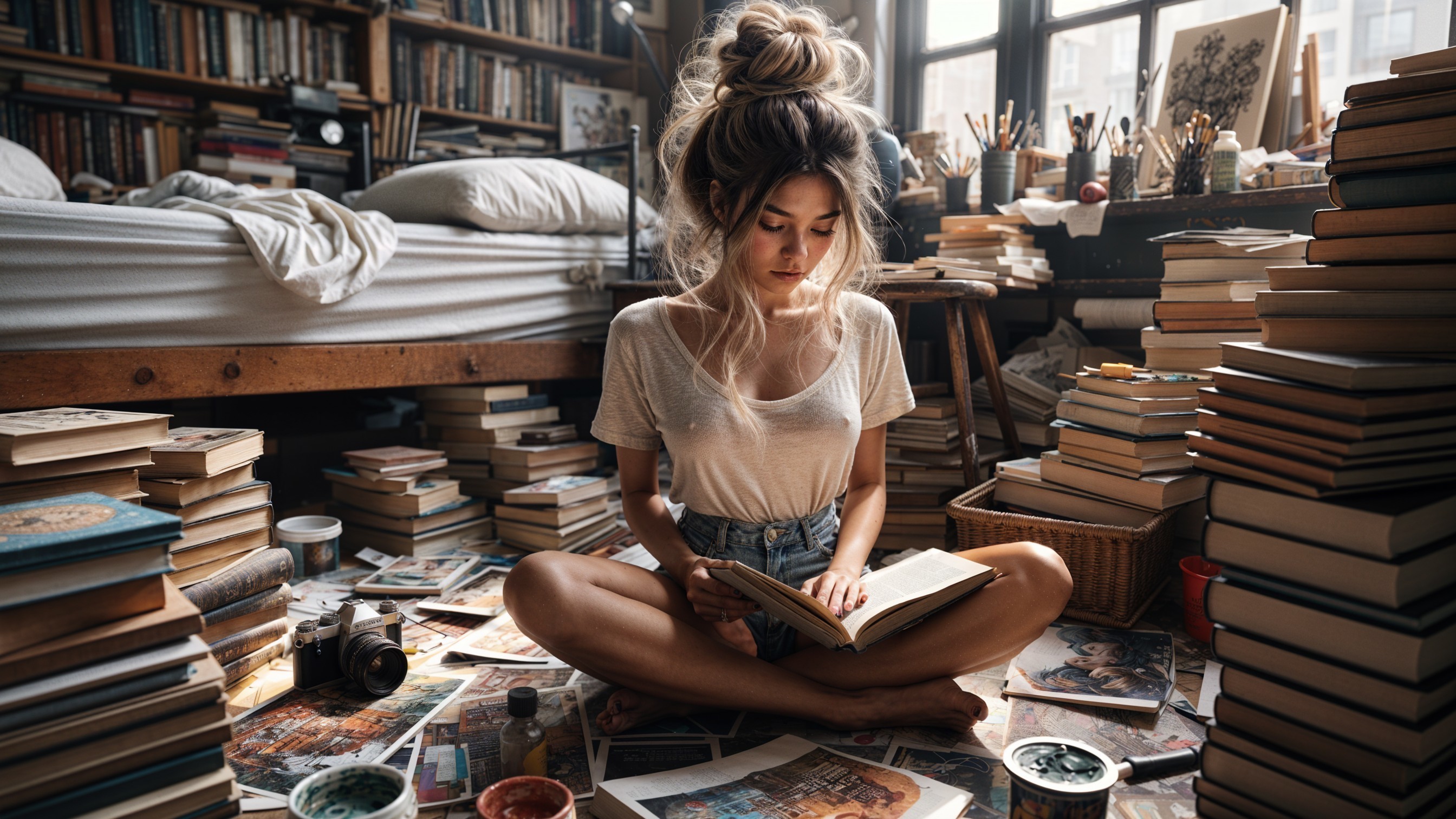 Cozy Room with Young Woman Reading Among Books