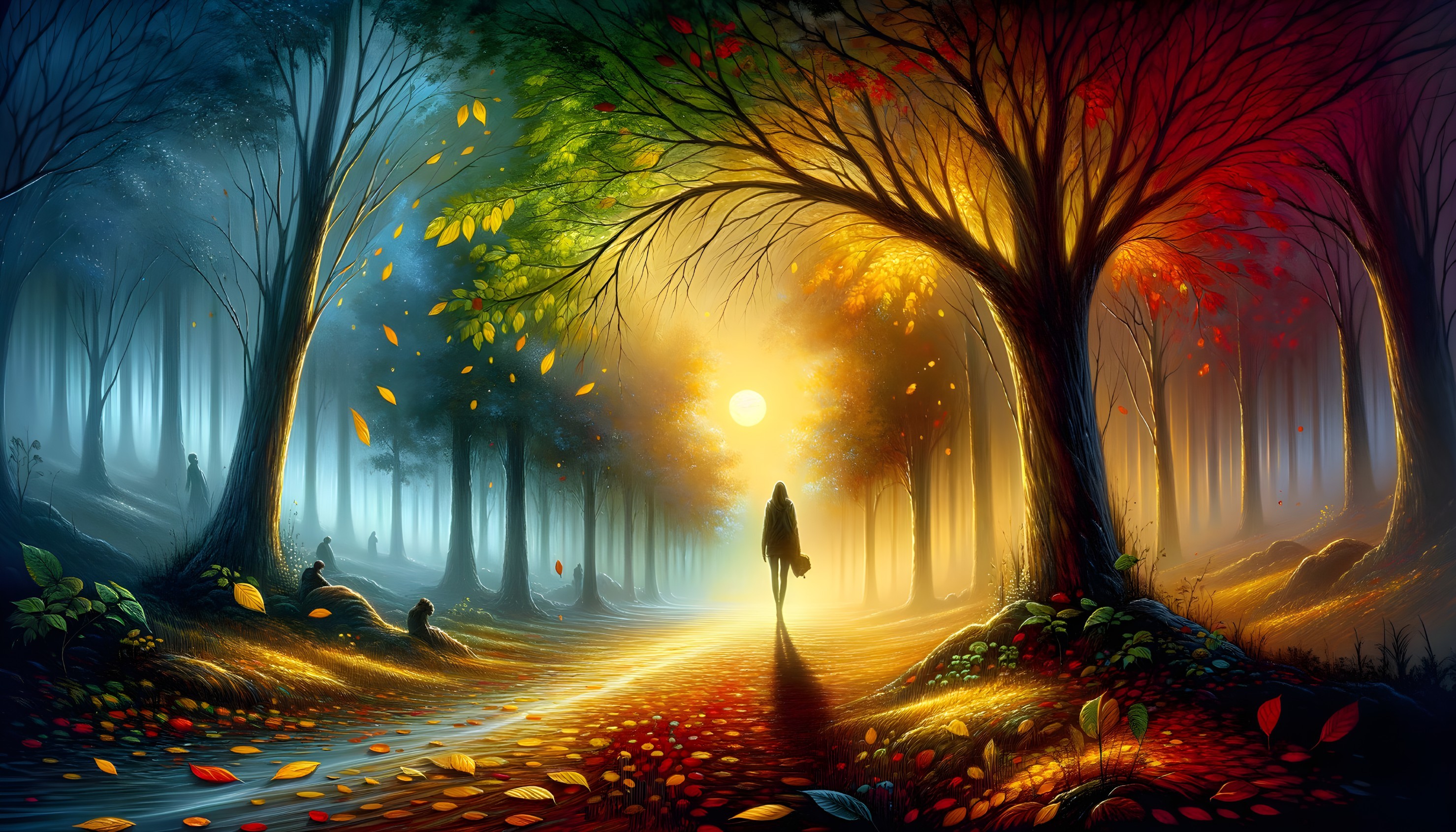 Figure Walking in Mystical Forest Path at Sunset