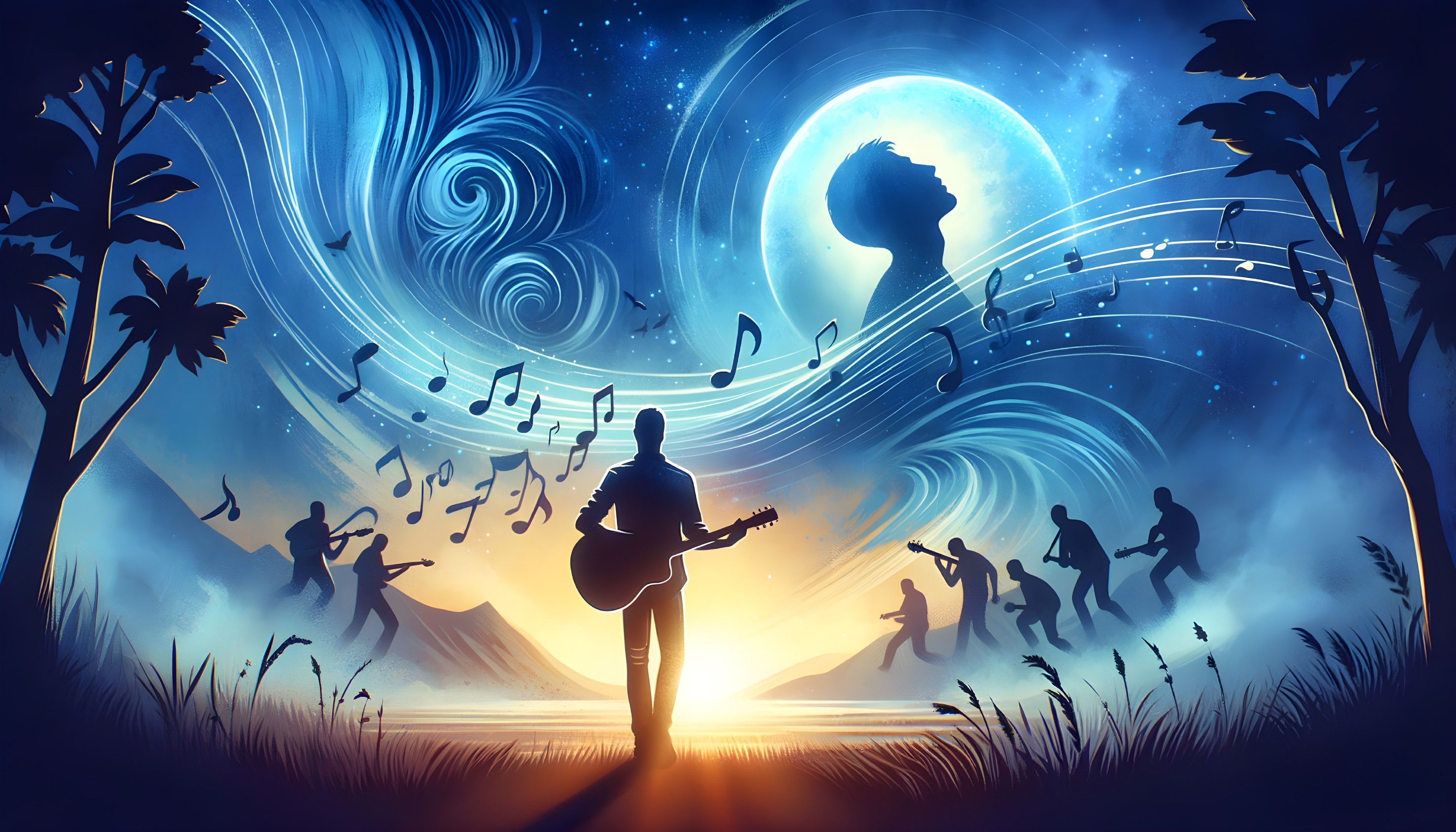 Silhouetted guitarist in cosmic scene with swirling musical notes