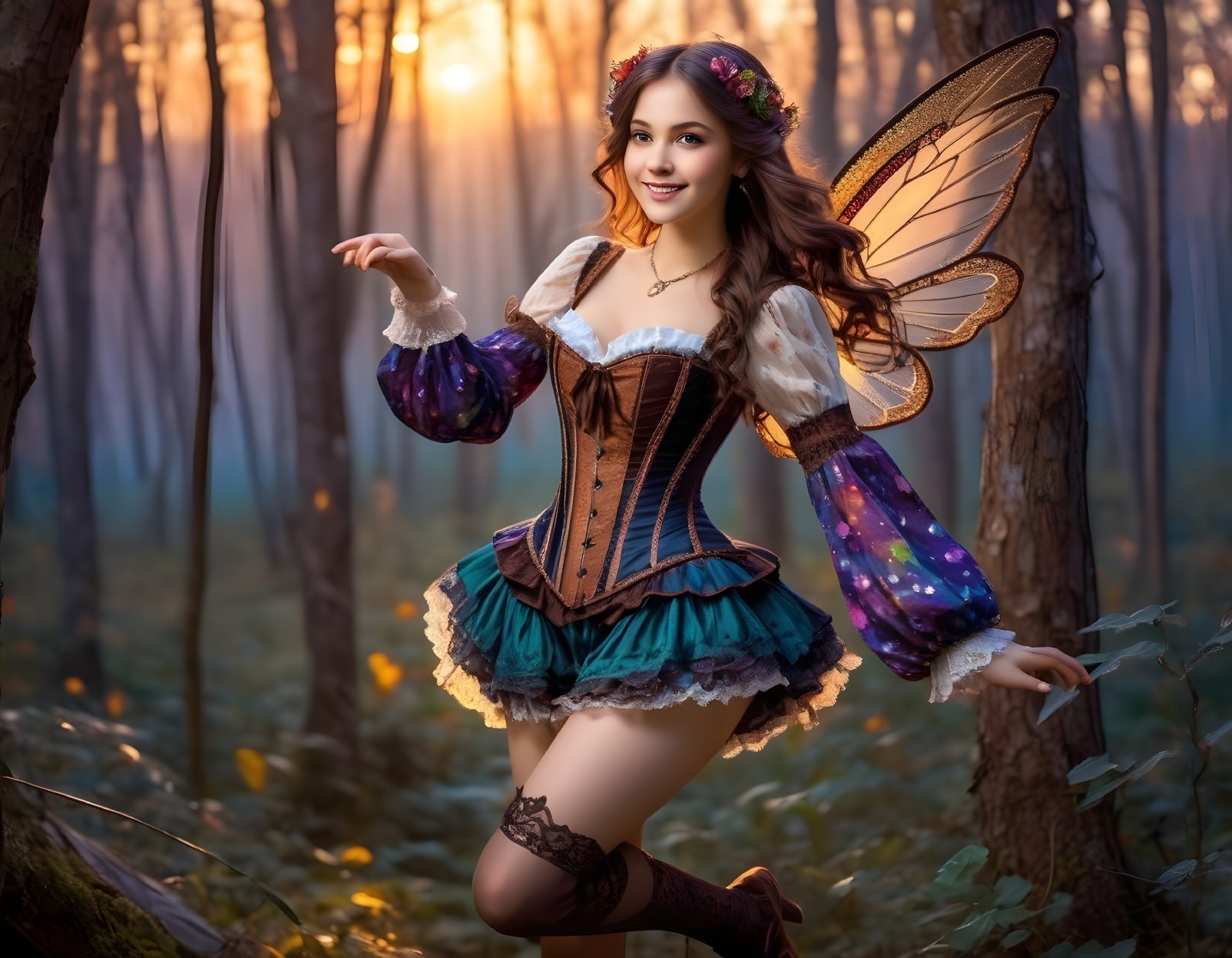 Whimsical Fairy in a Serene Forest at Sunset