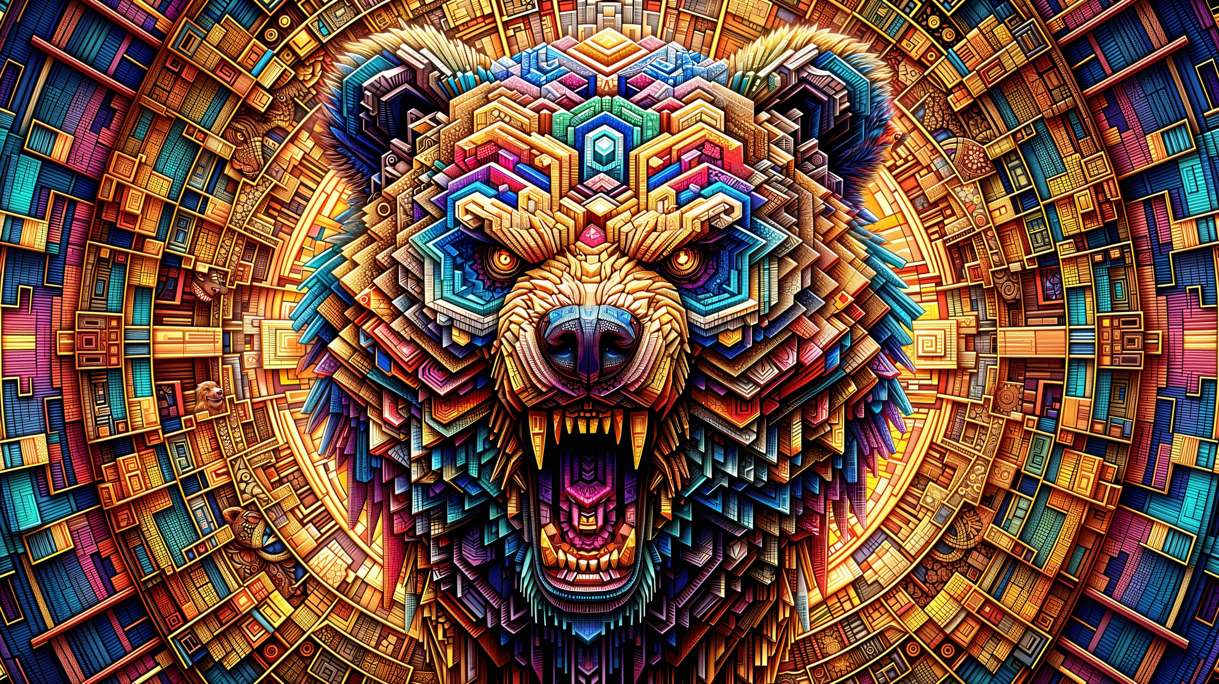 Stylized bear head with geometric patterns and colors