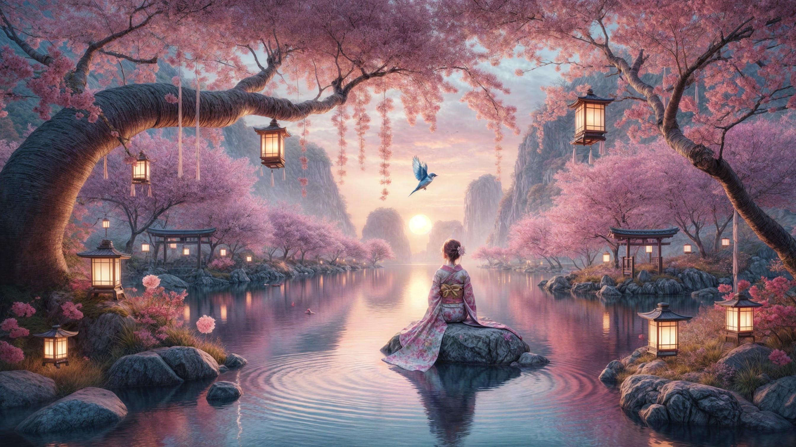 Tranquil River and Cherry Blossoms at Sunset