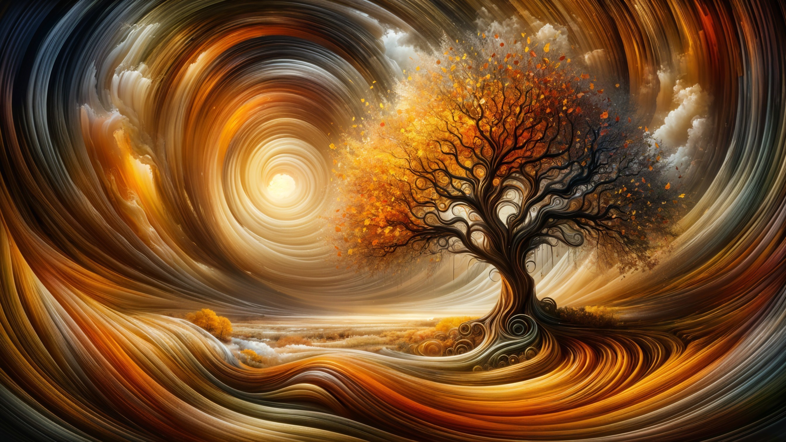Vibrant Autumn Landscape with Stylized Tree and Sky