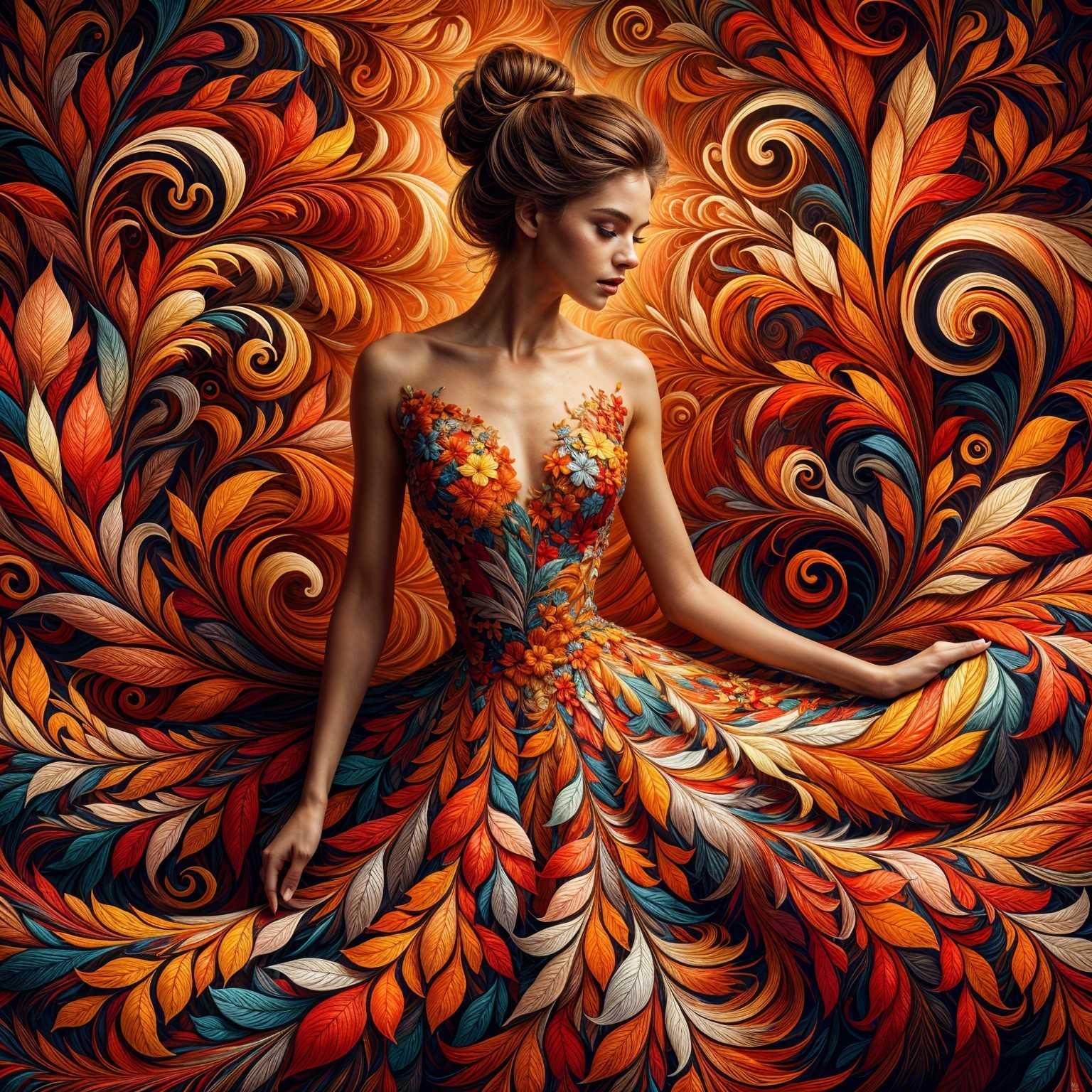 Woman in Autumn Leaf Dress with Nature Backdrop