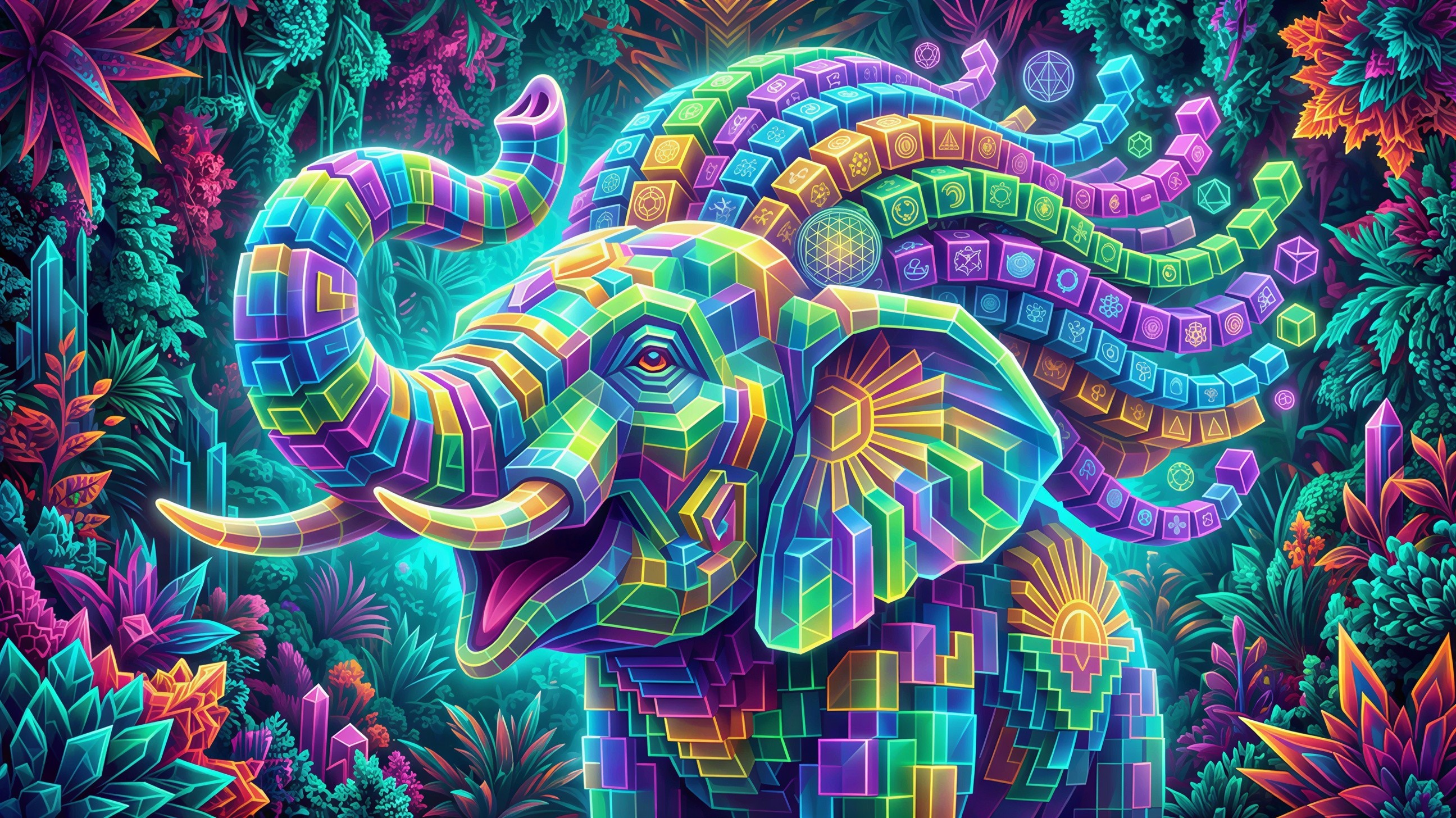 Psychedelic Elephant with Geometric Patterns in Jungle