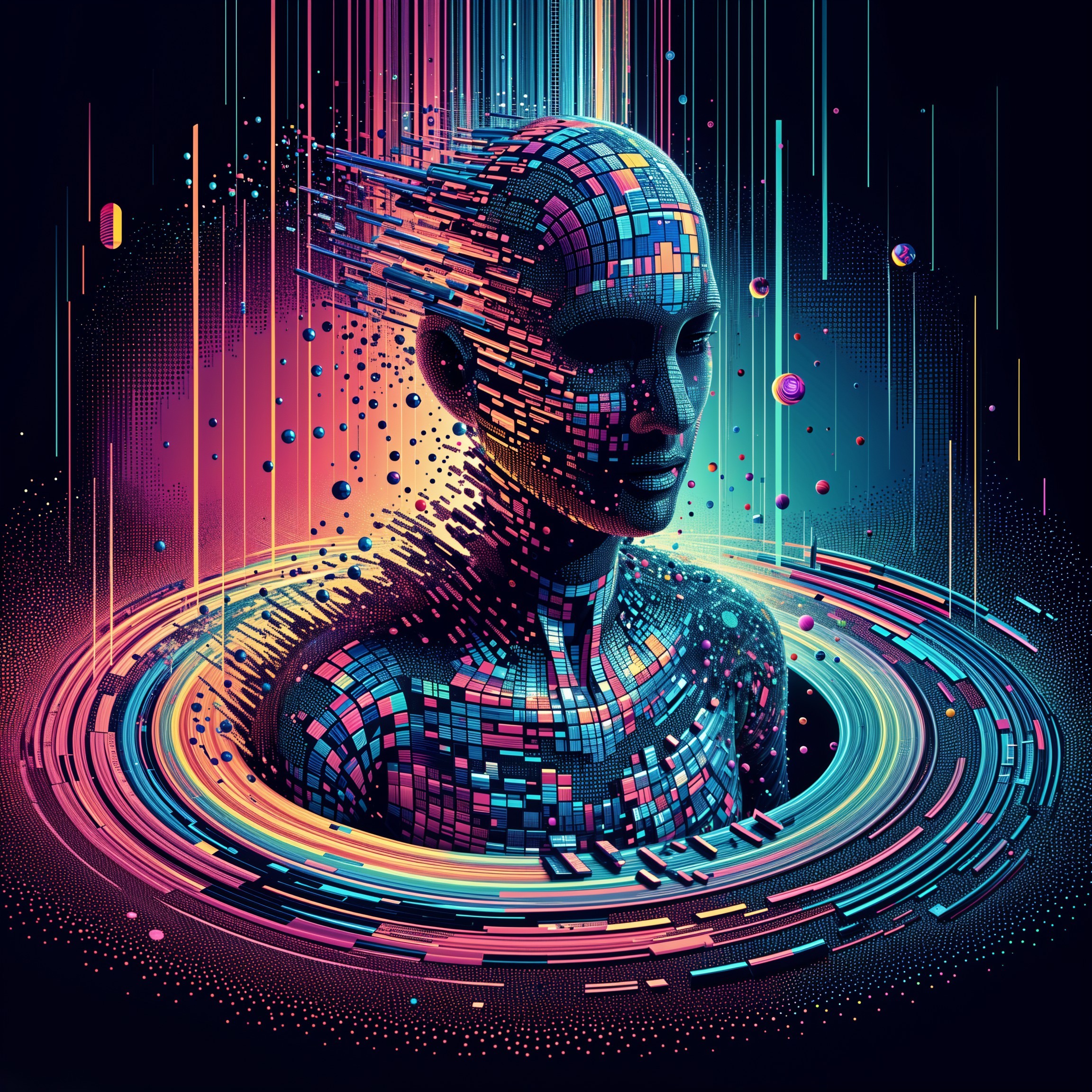 Futuristic Humanoid Figure in Colorful Digital Vortex