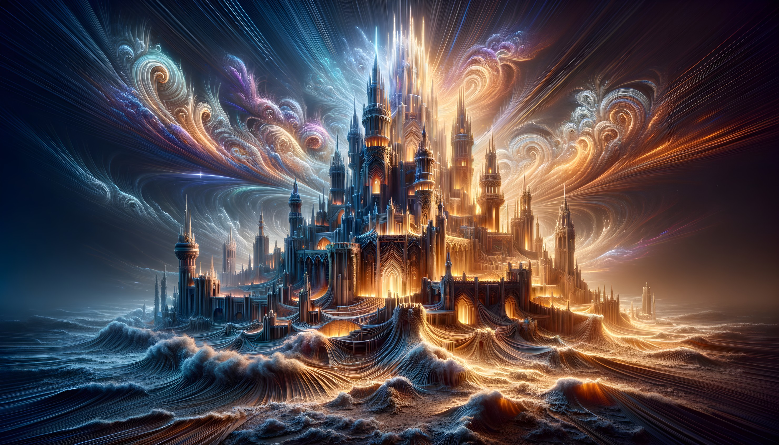 Majestic Castle Amidst Waves and Starry Sky