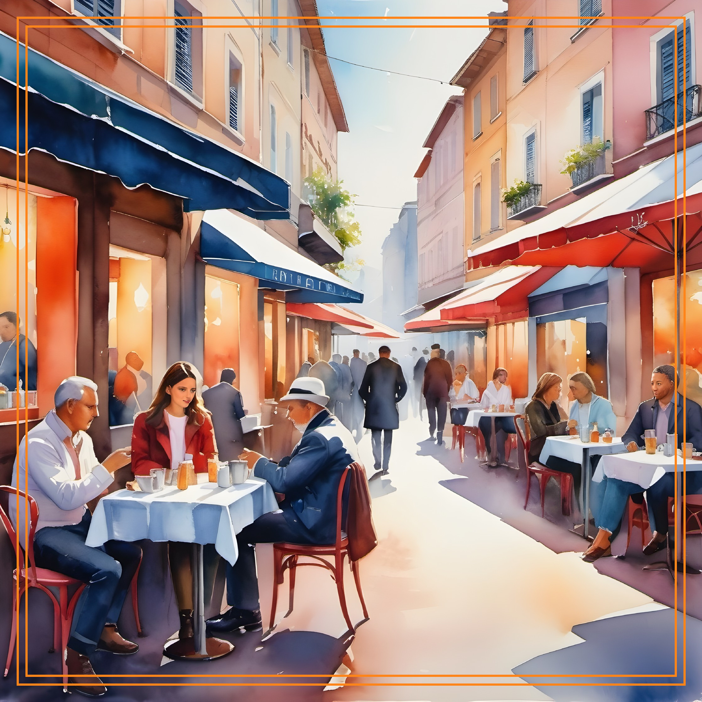 Colorful sidewalk cafes in vibrant street scene.