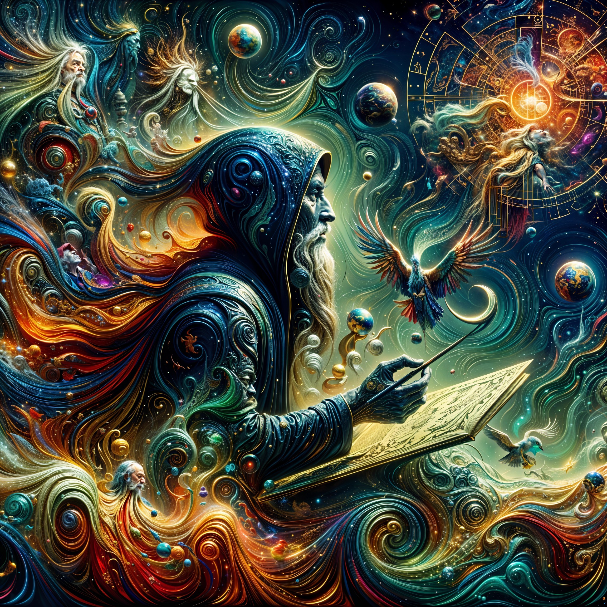 Mystical Figure in Cosmic Setting with Open Book