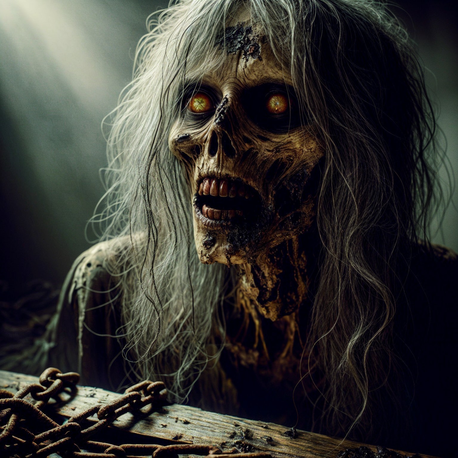 Realistic Skeleton with Glowing Eyes in Eerie Setting