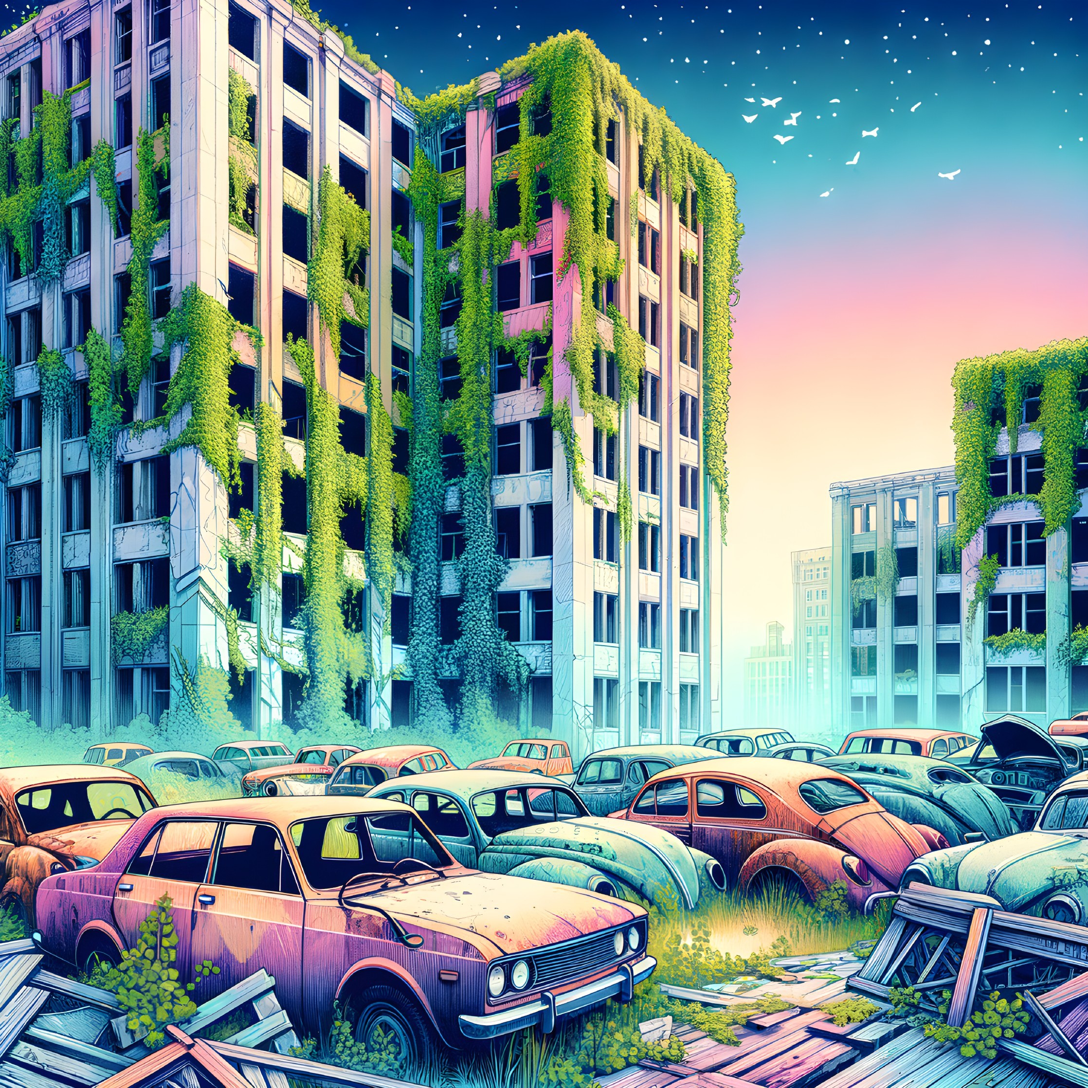 Surreal Post-Apocalyptic Landscape with Overgrown Buildings