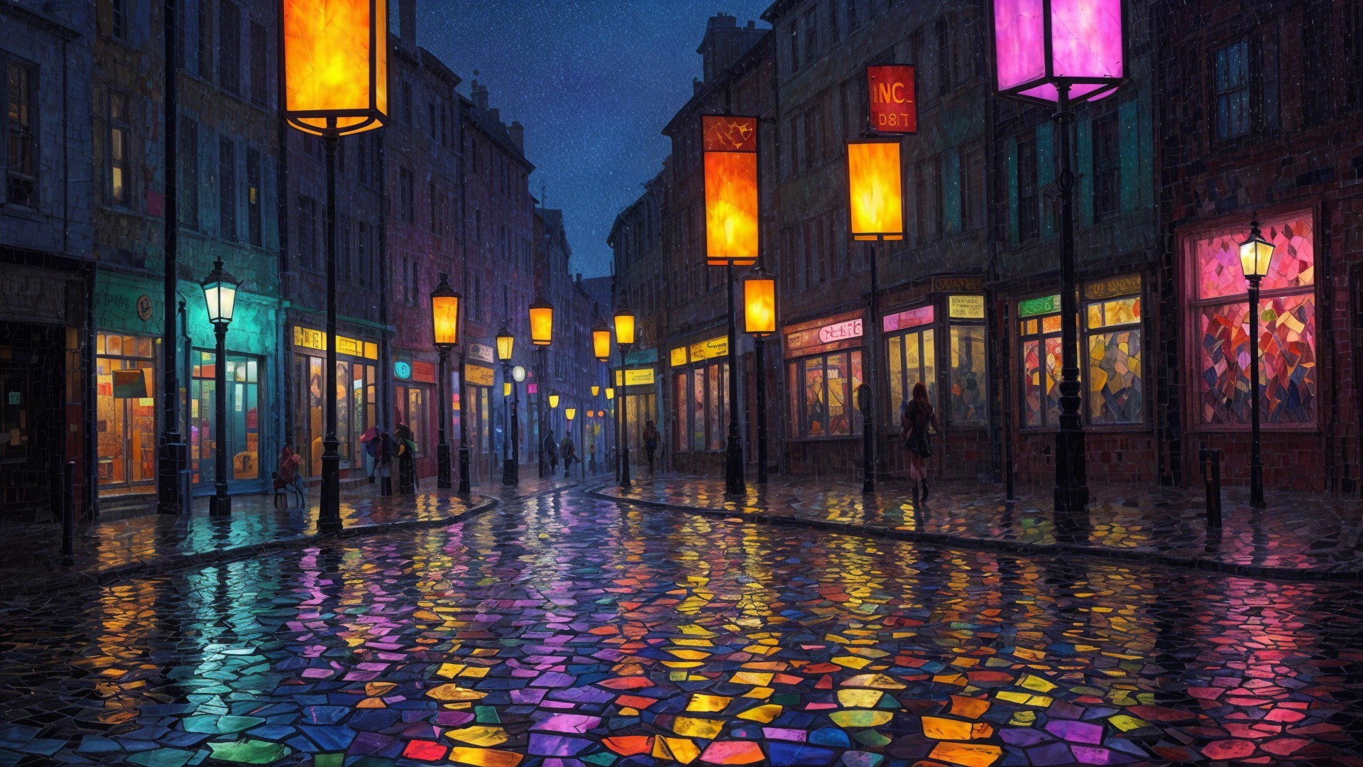 Vibrant Nighttime Rainy Street Scene with Reflections
